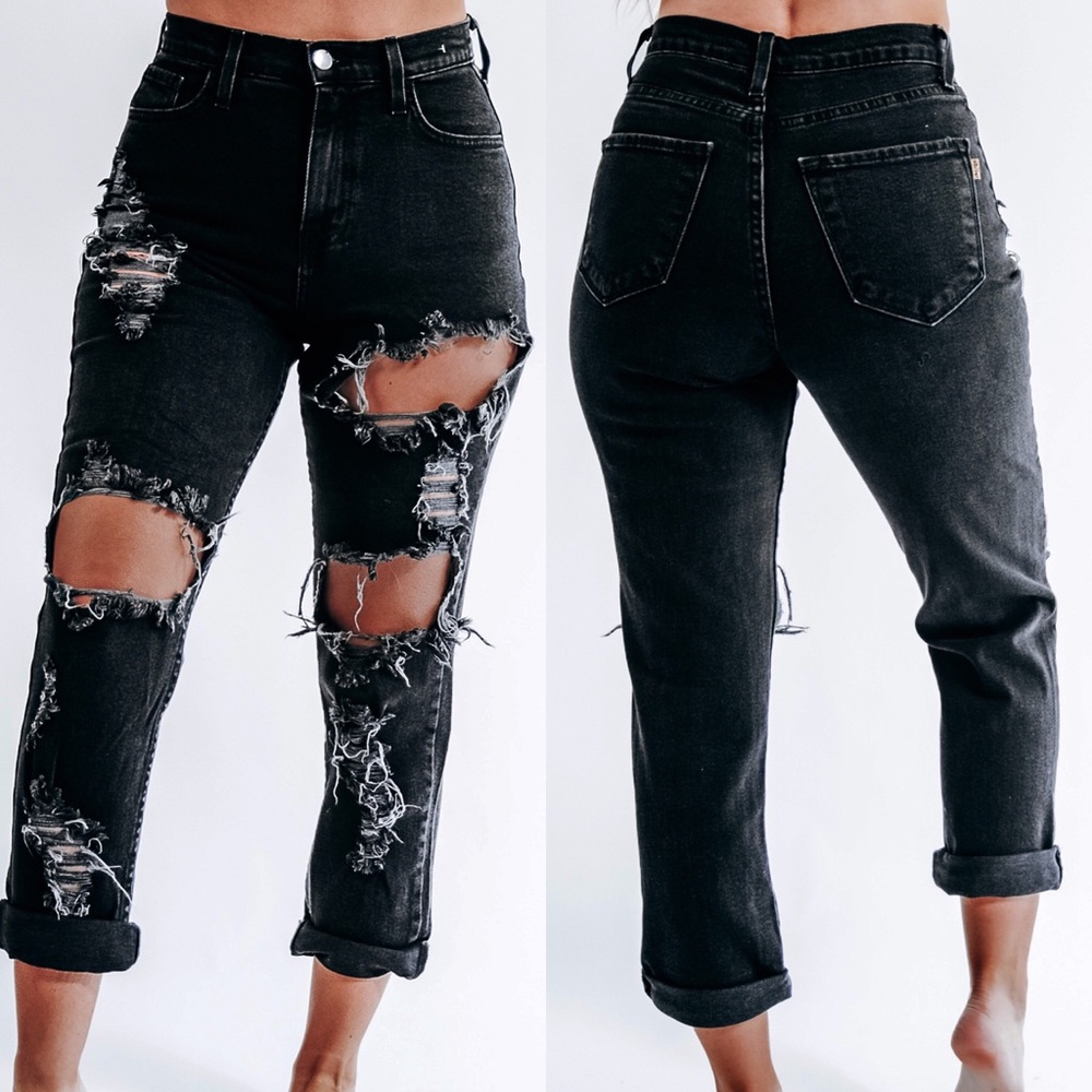 . OOTDFASH Ripped To Shreds Black Mom/Boyfriend Jeans